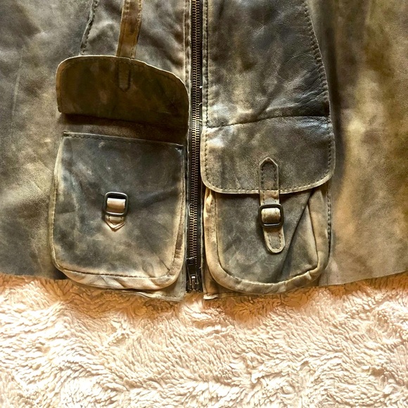 Blur Leather Aviator Jacket Khaki Green Cargo Pocket Bikercore - Picture 6 of 16